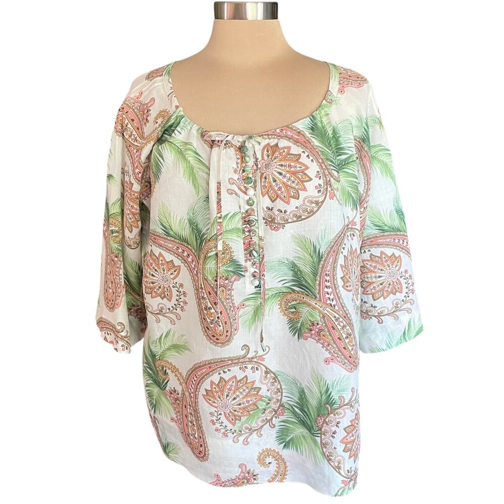 Tommy Bahama 100% Rami Paisley‎ Popover Top LARGE Summer Casual Work Wear